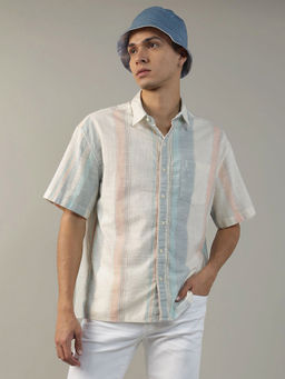 American Eagle - Men Cream Striped Button-Up Poolside Shirt