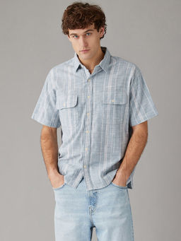 American Eagle - Men Gravity Blue Striped Button-Up Poolside Shirt