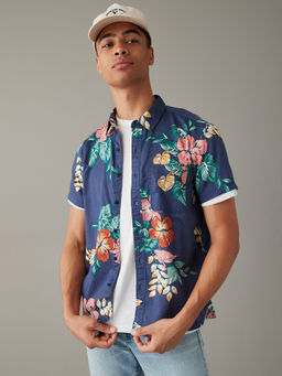 American Eagle - Men Rich Navy Blue Tropical Button-Up Resort Shirt