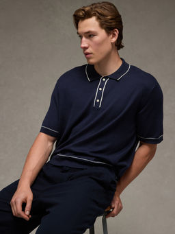 American Eagle - Men Navy Tipped Sweater Polo T-shirt