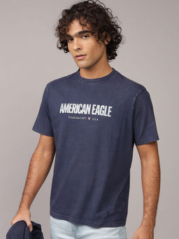 American Eagle - Men Navy Blue Logo Graphic T-Shirt