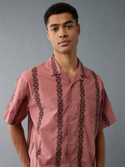 American Eagle - Men Pink Poolside Embroidered Button-Up Shirt