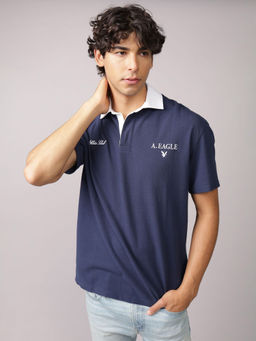 American Eagle - Mens Midnight Blue Graphic Pique Polo T-Shirt