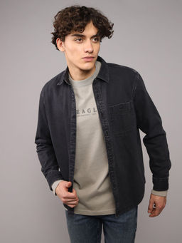 American Eagle - Men Black Wash Long Sleeve Denim Shirt