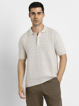 American Eagle - Men Beige Cotton Collar Neck Regular Fit Polo T-shirt