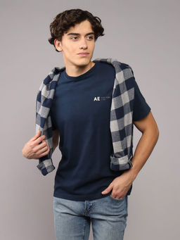 American Eagle - Men Navy Blue Cotton Round Neck Regular Fit T-shirt