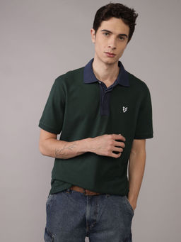 American Eagle - Men Green Cotton Blend Collar Neck Regular Fit Polo T-shirt