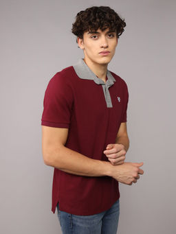 American Eagle - Men Maroon Cotton Blend Collar Neck Regular Fit Polo T-shirt