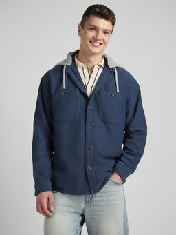 American Eagle - Men Navy Blue Ae Hooded Flannel Shirt