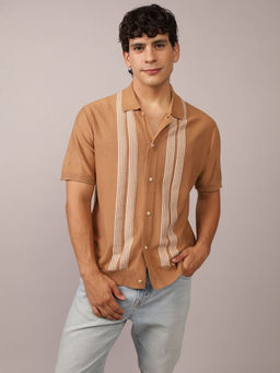 American Eagle - Men Brown Button-Up Striped Shirt