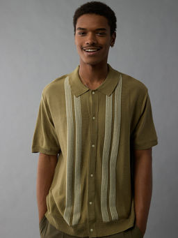 American Eagle - Men Green Button-Up Striped Shirt