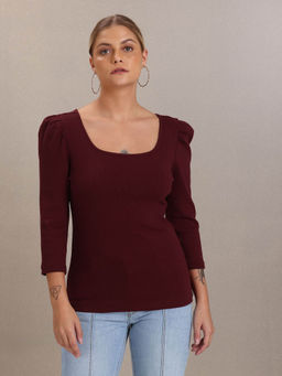 U.S. POLO ASSN. - Maroon Red Square Neck Solid Knit Top