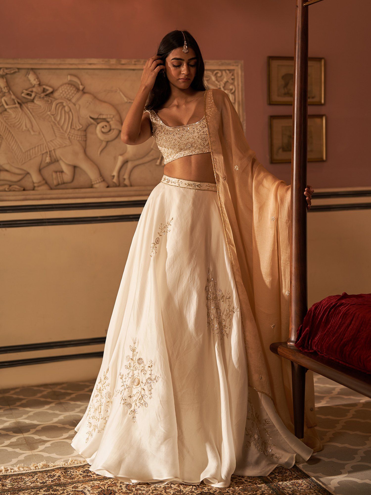 An Ivory Embroidered- Sequined Lehenga with Blouse and Dupatta (Set of 3)-image-4
