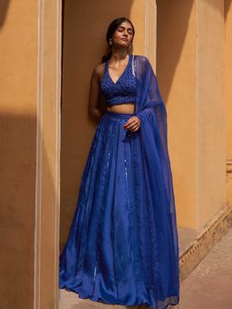 Zoon - Blue Embroidered- Sequined Kalidar Lehenga with Blouse and Dupatta (Set of 3)