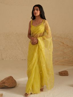 Zoon - A Neon Yellow Embroidered Saree with Stitched Blouse