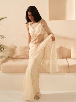 Zoon - Off White Embroidered-Sequined Saree with Stitched Blouse