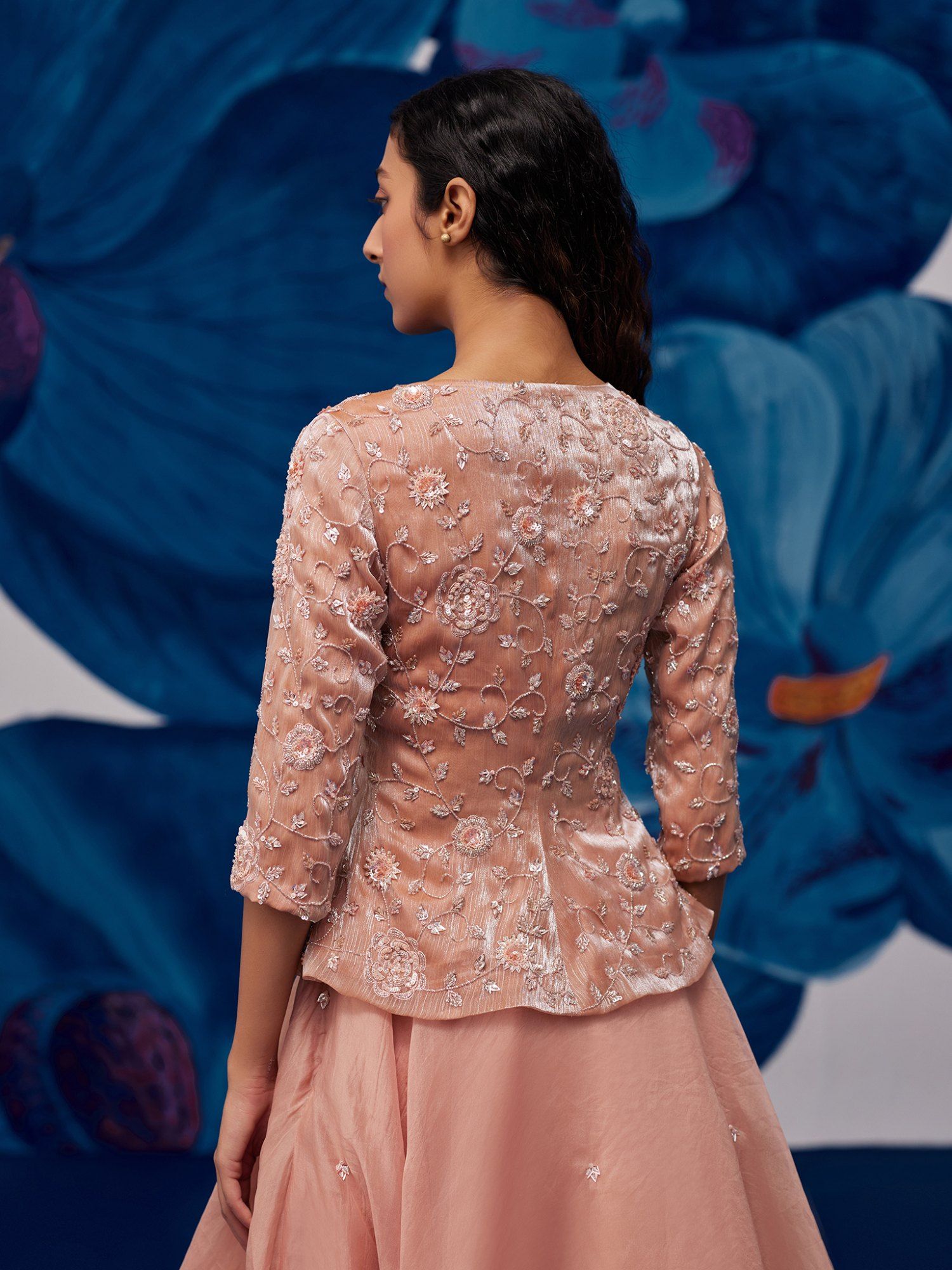 Buy Zoon Rose Gold Embroidered- Sequined Jacket- Lehenga with