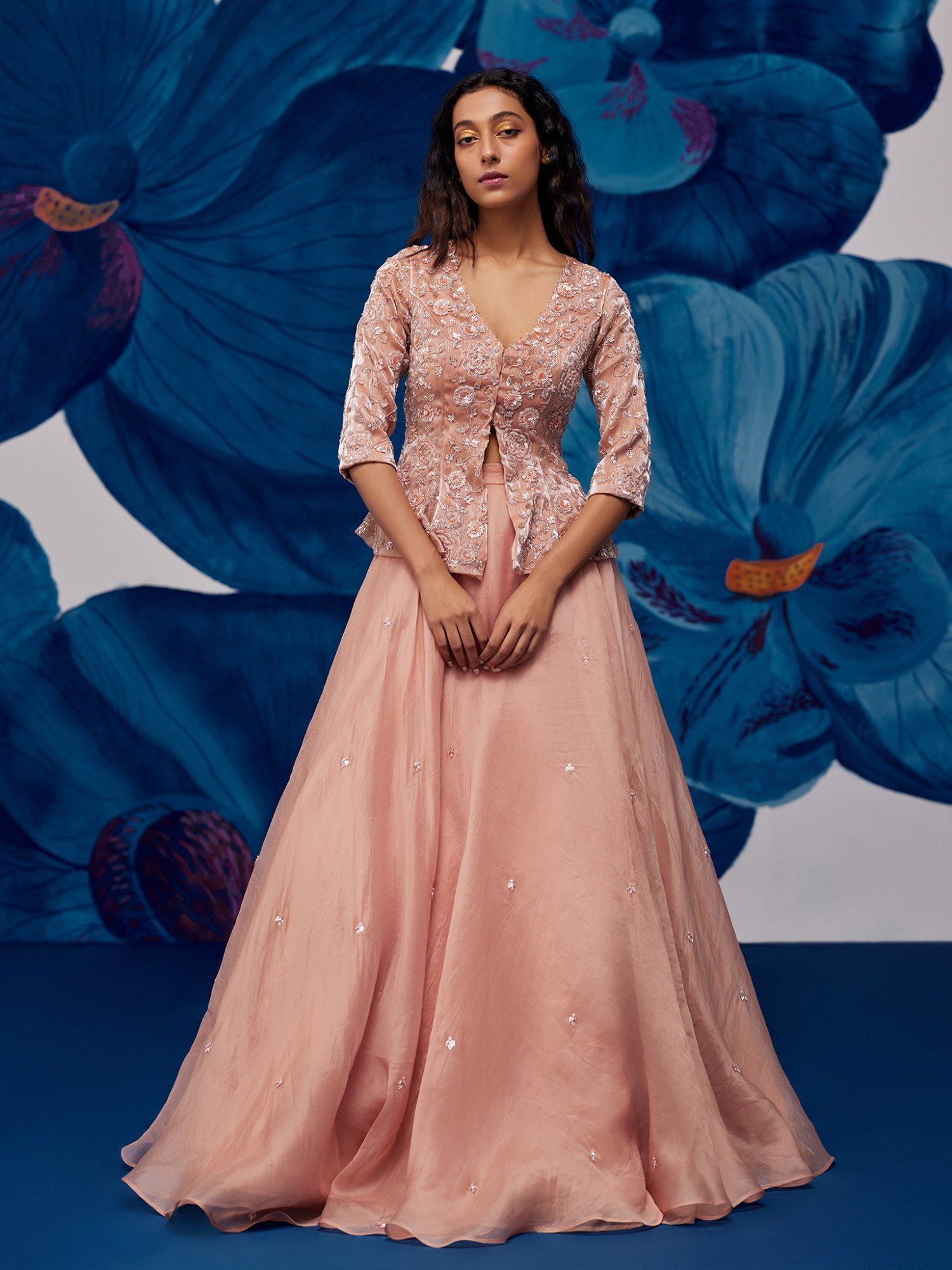 Buy Zoon Rose Gold Embroidered- Sequined Jacket- Lehenga with