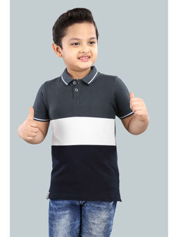 3PIN - Grey Boys Cotton Colorblock Half Sleeve Polo Collar T-shirt