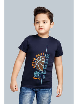 3PIN - Boys Cotton Blend Navy Blue Printed Half Sleeve T-Shirt