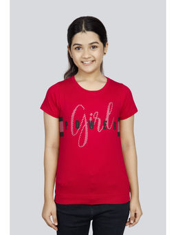 3PIN - Girls Cotton Red Printed Round Neck T-Shirt