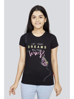 3PIN - Girls Cotton Black Printed Round Neck T-Shirt
