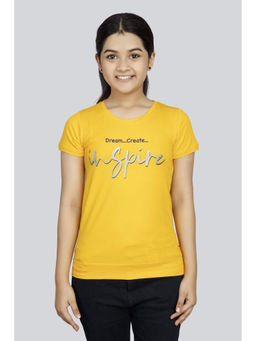 3PIN - Girls Cotton Mustard Printed Round Neck T-Shirt