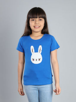 3PIN - Girls Cotton Royal Blue Embellished Round Neck T-Shirt