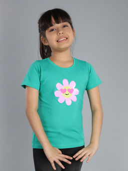 3PIN - Girls Cotton Green Embellished Round Neck T-Shirt