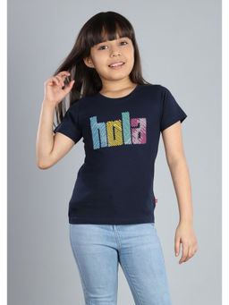3PIN - Girls Cotton Navy Blue Embellished Round Neck T-Shirt