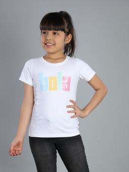 3PIN - Girls Cotton White Embellished Round Neck T-Shirt
