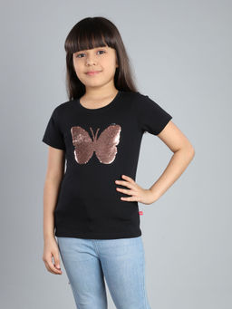 3PIN - Girls Cotton Black Embellished Round Neck T-Shirt