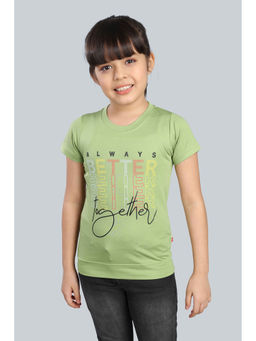 3PIN - Girls Cotton Green Printed Round Neck T-Shirt