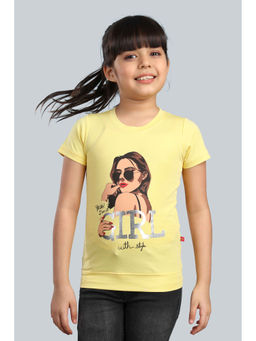 3PIN - Girls Cotton Yellow Printed Round Neck T-Shirt