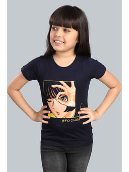 3PIN - Girls Cotton Navy Blue Printed Round Neck T-Shirt