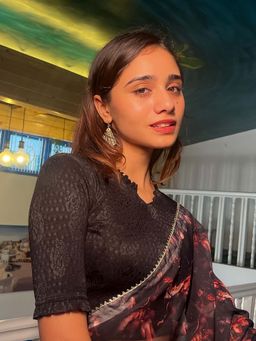 BINDIGASM'S ADVI - Women Black Jacquard Ruffled Neck Stitched Blouse