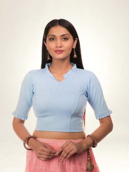 BINDIGASM'S ADVI - Women Blue Jacquard Ruffled Neck Stitched Blouse