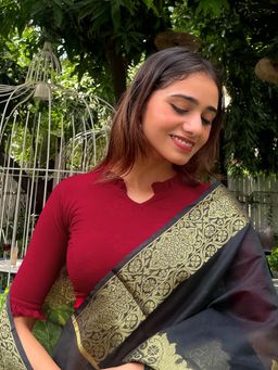 BINDIGASM'S ADVI - Women Maroon Jacquard Ruffled Neck Stitched Blouse