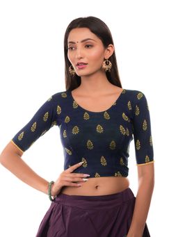 BINDIGASM'S ADVI - Women Navy Blue Jacquard Round Neck Stitched Blouse