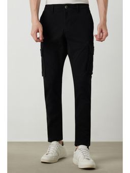 Louis Philippe - Men Black Slim Fit Solid Flat Front Casual Trousers