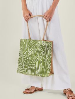 Accessorize London - Women's Green Leaf Print Jute Shopper Beach Tote Bag