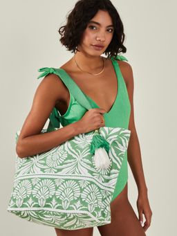 Accessorize London - Women's Green Ornamental Tote Beach Bag