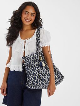 Accessorize London - Women's Navy Blue Geometric Tote Bag