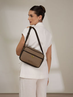 Accessorize London - Women's Brown Monogram Printed Sling Bag