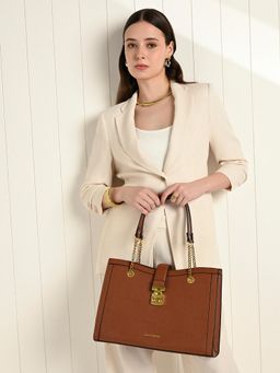 Accessorize London - Women’s Brown Rhythm Structured Tote Bag with Chain Handles