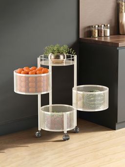 Kuber Industries - Round Ivory 3 Tier Metal Kitchen Storage Rack with Wheels