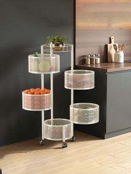 Kuber Industries - Round Ivory 5 Tier Metal Kitchen Storage Rack with Wheels