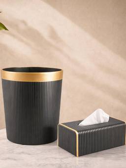Aarvi Decor - Black Faux Leather Tissue Holder & Dustbin Desk Accessories (Set of 2)