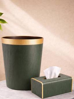 Aarvi Decor - Green Faux Leather Tissue Holder & Dustbin Desk Accessories (Set of 2)