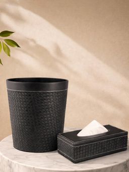 Aarvi Decor - Black Faux Leather Tissue Box & Waste Bin Desk Accessories (Set of 2)